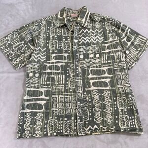 Vintage Go Barefoot Hawaiian Shirt Mens L Green Tapa Tribal Print Made in USA